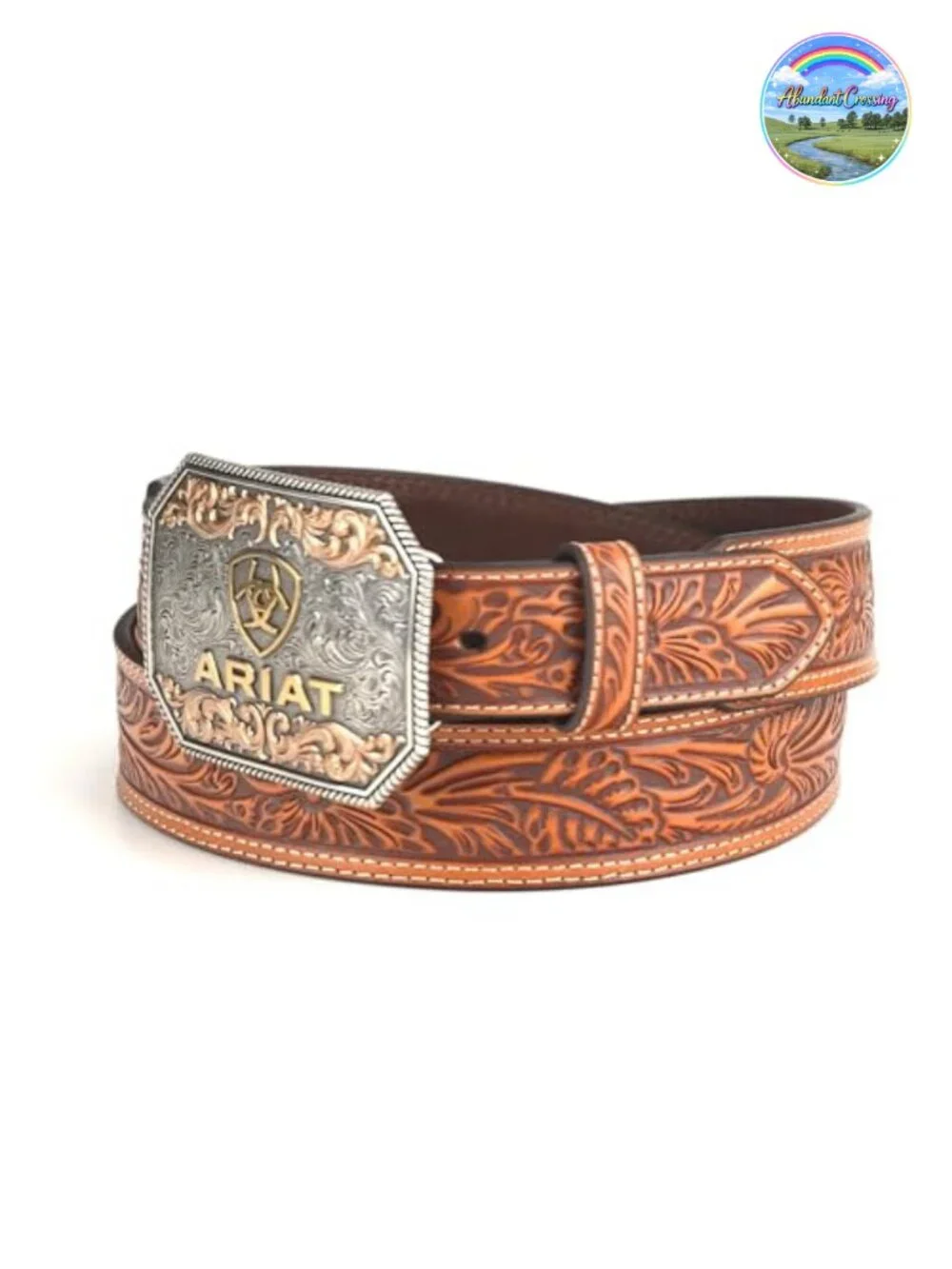 Men's Floral Embossed Leather Belt Tapered Western Two-Tone Buckle